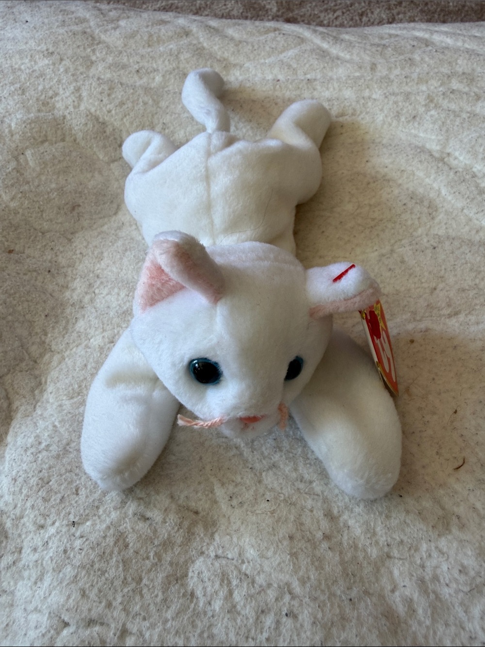Ty NWT White Plush Cat Flip Beanie Baby with Pink Ear Accents